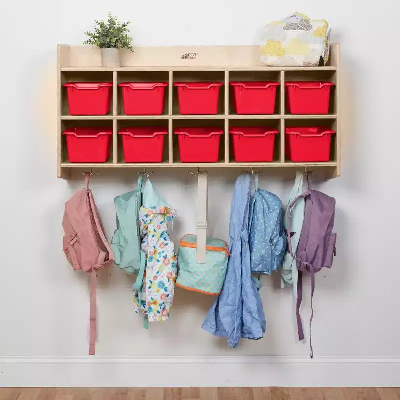 Casillero para abrigos colgante ECR4Kids de 10 secciones con estante y 10 compartimentos frontales tipo pala, almacenamiento tipo cubículo