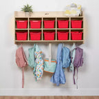 Casillero para abrigos colgante ECR4Kids de 10 secciones con estante y 10 compartimentos frontales tipo pala, almacenamiento tipo cubículo