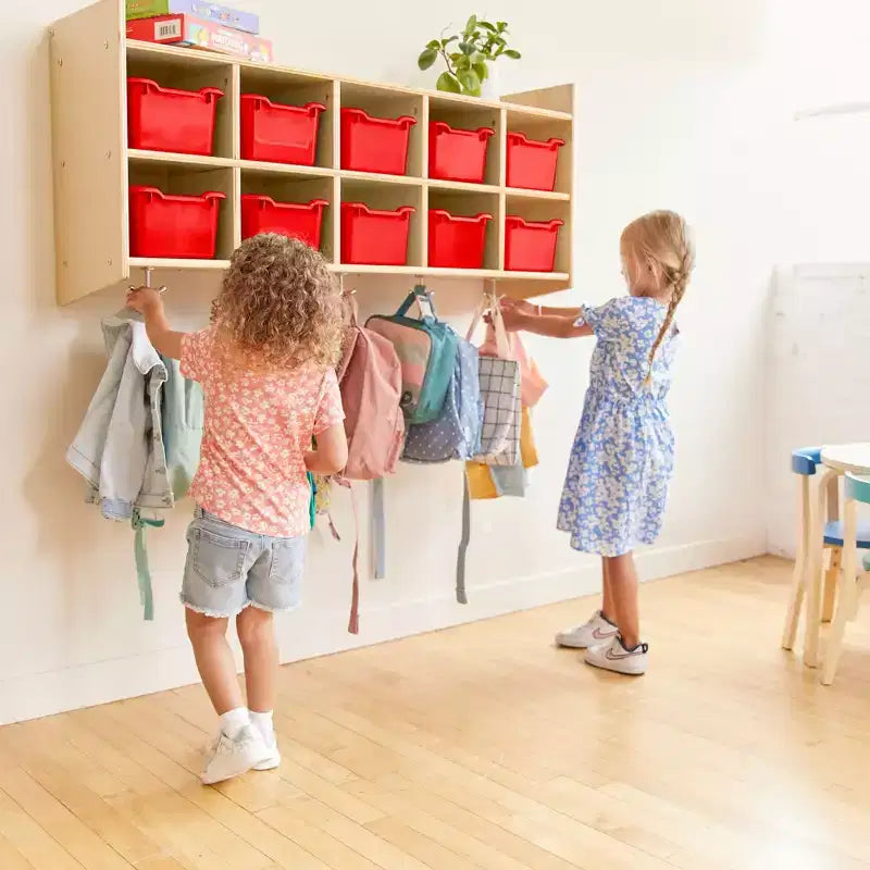 Casillero para abrigos colgante ECR4Kids de 10 secciones con estante y 10 compartimentos frontales tipo pala, almacenamiento tipo cubículo