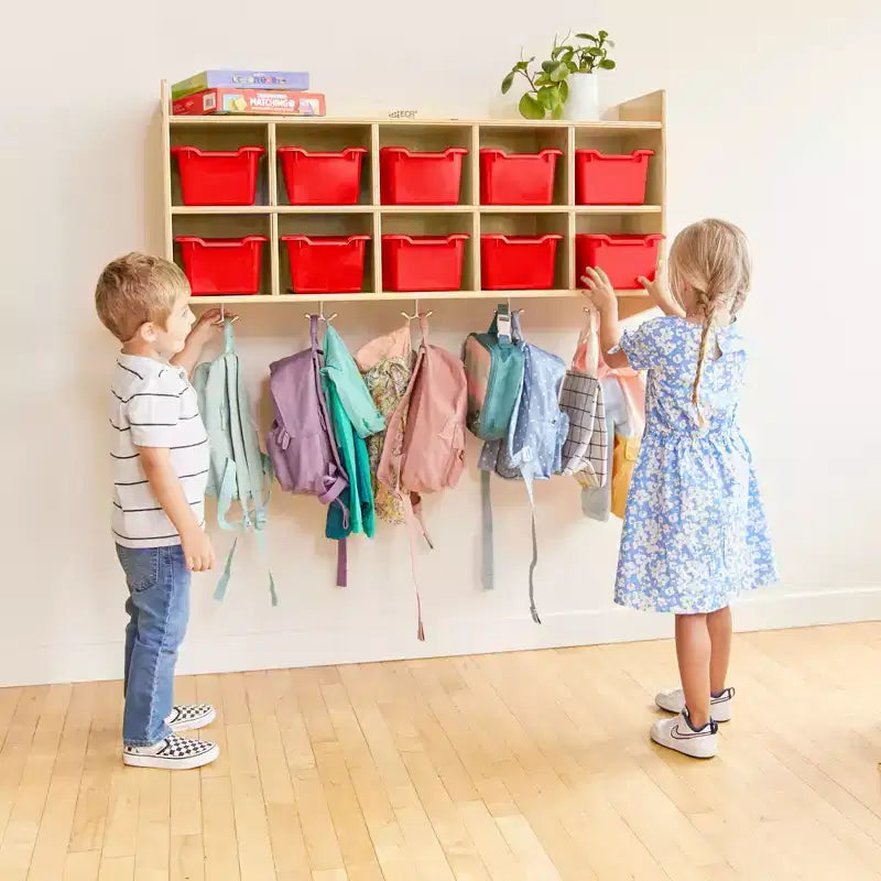 Casillero para abrigos colgante ECR4Kids de 10 secciones con estante y 10 compartimentos frontales tipo pala, almacenamiento tipo cubículo