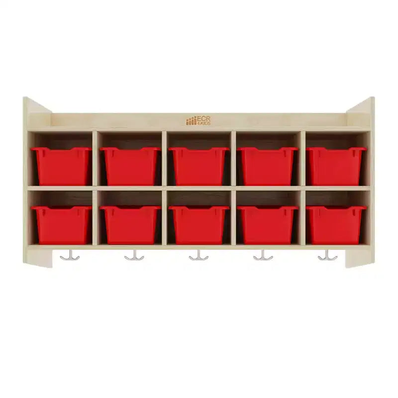 Casillero para abrigos colgante ECR4Kids de 10 secciones con estante y 10 compartimentos frontales tipo pala, almacenamiento tipo cubículo