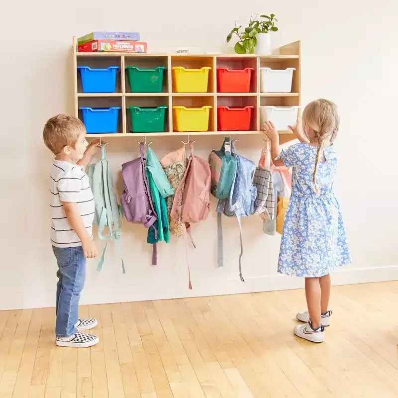 Casillero para abrigos colgante ECR4Kids de 10 secciones con estante y 10 compartimentos frontales tipo pala, almacenamiento tipo cubículo
