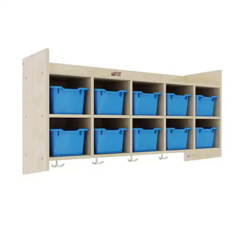 Casillero para abrigos colgante ECR4Kids de 10 secciones con estante y 10 compartimentos frontales tipo pala, almacenamiento tipo cubículo
