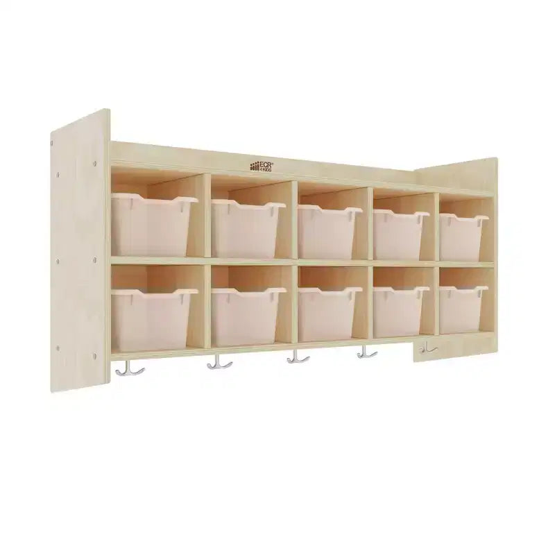 Casillero para abrigos colgante ECR4Kids de 10 secciones con estante y 10 compartimentos frontales tipo pala, almacenamiento tipo cubículo