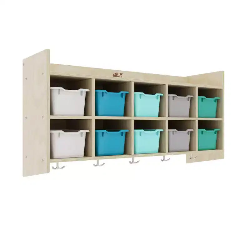 Casillero para abrigos colgante ECR4Kids de 10 secciones con estante y 10 compartimentos frontales tipo pala, almacenamiento tipo cubículo