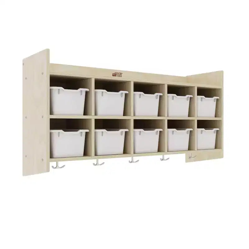 Casillero para abrigos colgante ECR4Kids de 10 secciones con estante y 10 compartimentos frontales tipo pala, almacenamiento tipo cubículo