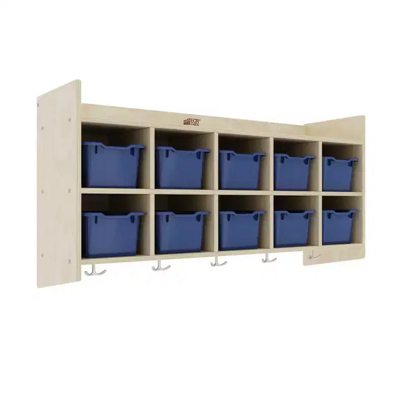Casillero para abrigos colgante ECR4Kids de 10 secciones con estante y 10 compartimentos frontales tipo pala, almacenamiento tipo cubículo