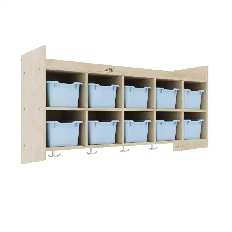 Casillero para abrigos colgante ECR4Kids de 10 secciones con estante y 10 compartimentos frontales tipo pala, almacenamiento tipo cubículo