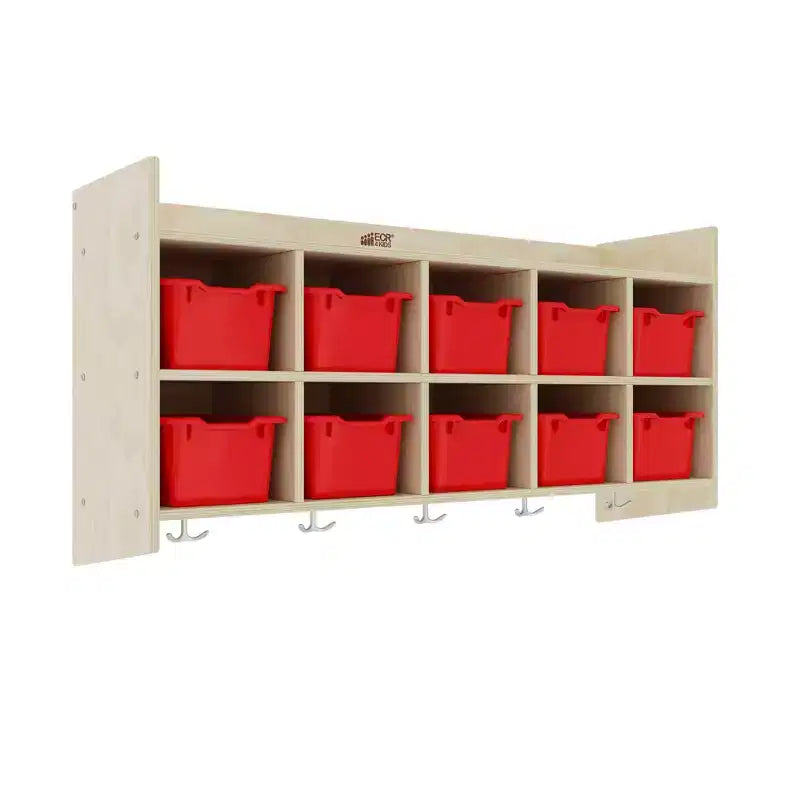 Casillero para abrigos colgante ECR4Kids de 10 secciones con estante y 10 compartimentos frontales tipo pala, almacenamiento tipo cubículo