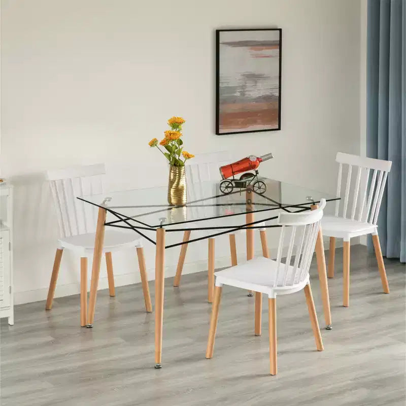 Mesa de comedor auxiliar Fabulaxe rectangular con tapa de cristal transparente y 4 patas de metal de haya con estructura de madera maciza | Escritorio de té pequeño moderno que ahorra espacio
