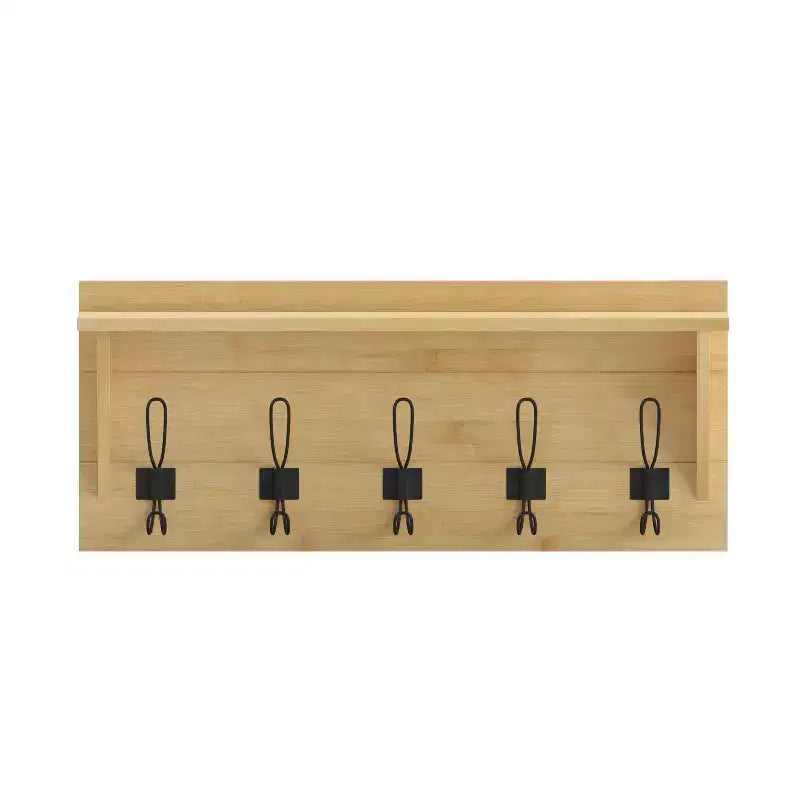 Merrick Lane Estante de almacenamiento de madera de pino de 24 pulgadas para montar en la pared con 5 ganchos y estante de exhibición superior