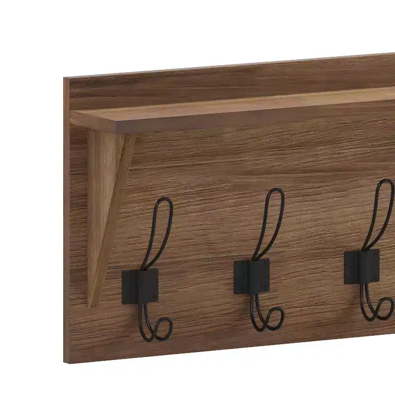 Merrick Lane Estante de almacenamiento de madera de pino de 24 pulgadas para montar en la pared con 5 ganchos y estante de exhibición superior