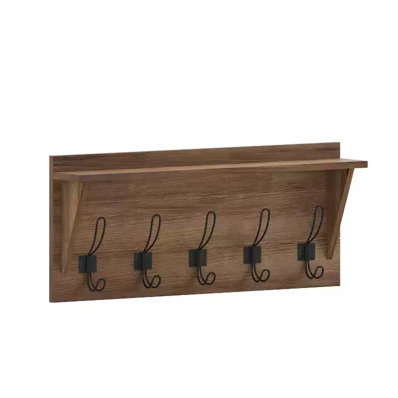 Merrick Lane Estante de almacenamiento de madera de pino de 24 pulgadas para montar en la pared con 5 ganchos y estante de exhibición superior
