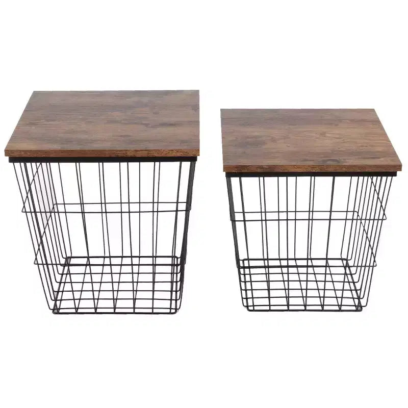 Mesita auxiliar con almacenamiento Juego de 2 mesas nido Base cuadrada de cesta de alambre y tapas de madera Mesita auxiliar de estilo rústico industrial de Lavish Home