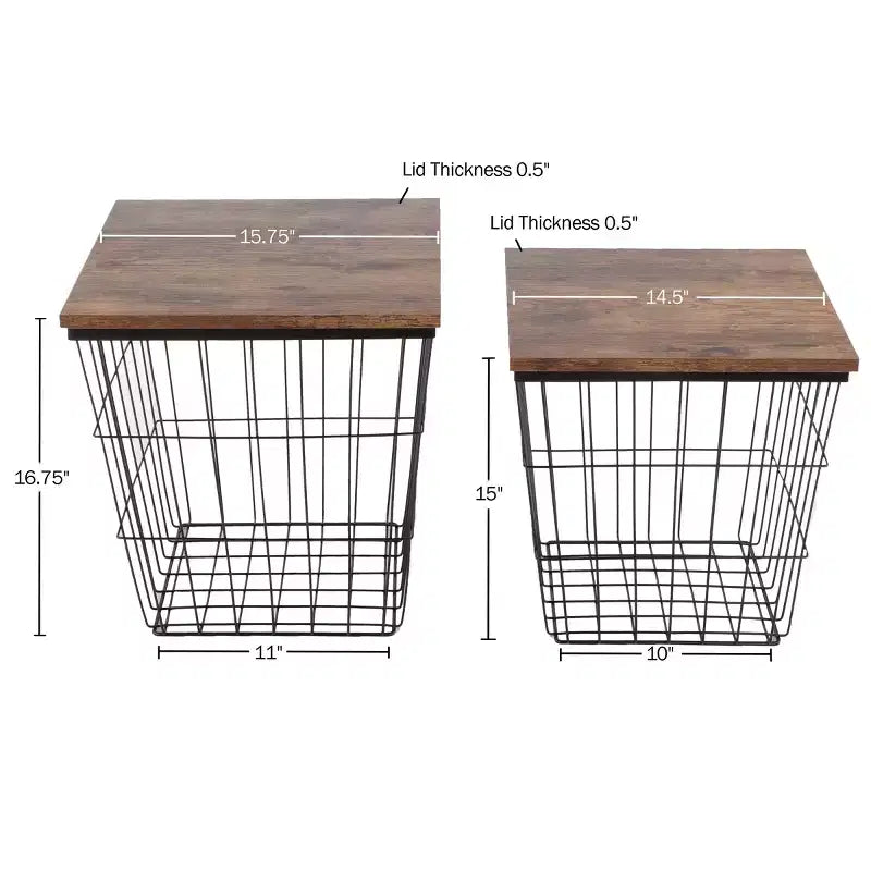 Mesita auxiliar con almacenamiento Juego de 2 mesas nido Base cuadrada de cesta de alambre y tapas de madera Mesita auxiliar de estilo rústico industrial de Lavish Home