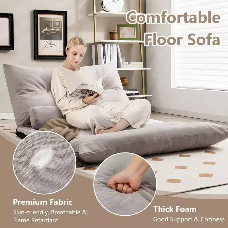 Sofá cama convertible con respaldo ajustable de 42 niveles y 2 almohadas lumbares gris/beige