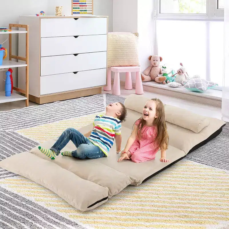 Sofá cama convertible con respaldo ajustable de 42 niveles y 2 almohadas lumbares gris/beige