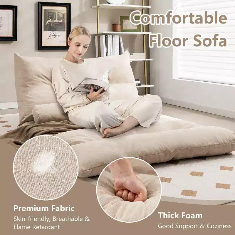 Sofá cama convertible con respaldo ajustable de 42 niveles y 2 almohadas lumbares gris/beige