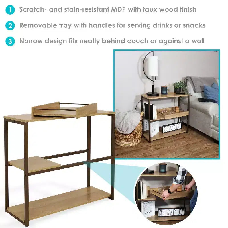 Mesa de sofá Sunnydaze de estilo industrial con 3 estantes y bandeja de servicio extraíble - Marrón - 71,75 cm