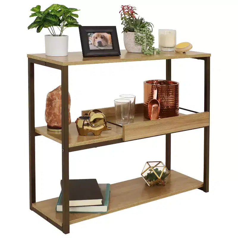 Mesa de sofá Sunnydaze de estilo industrial con 3 estantes y bandeja de servicio extraíble - Marrón - 71,75 cm