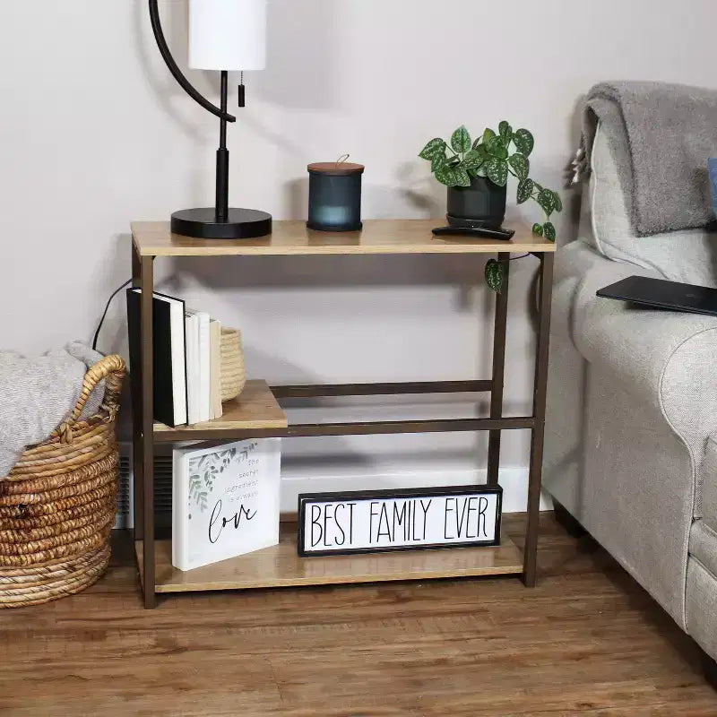 Mesa de sofá Sunnydaze de estilo industrial con 3 estantes y bandeja de servicio extraíble - Marrón - 71,75 cm