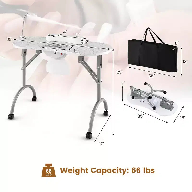 Mesa de manicura plegable y portátil con colector de polvo, lámpara LED y bolsa de transporte, blanca