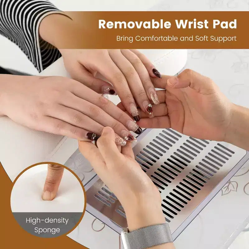 Mesa de manicura plegable y portátil con colector de polvo, lámpara LED y bolsa de transporte, blanca
