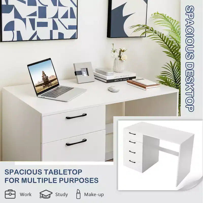 Mesa de estudio, escritorio de computadora, estación de trabajo, tocador de oficina en casa con 4 cajones