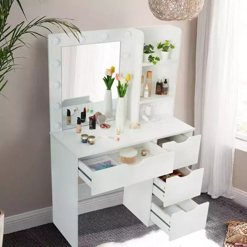 Tocador de Maquillaje con Cajones, Tocador Blanco con Espejo y Luces en 3 Colores 12 LED