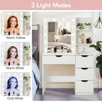 Tocador de Maquillaje con Cajones, Tocador Blanco con Espejo y Luces en 3 Colores 12 LED