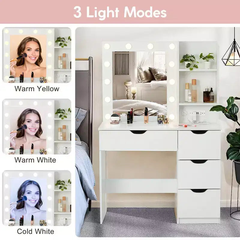 Tocador de Maquillaje con Cajones, Tocador Blanco con Espejo y Luces en 3 Colores 12 LED