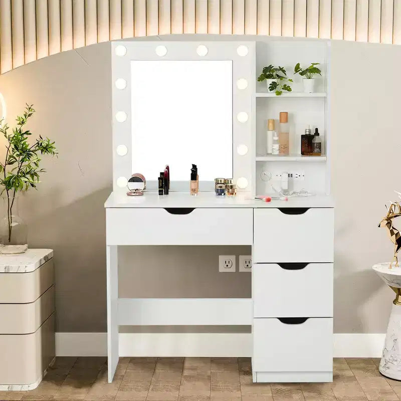 Tocador de Maquillaje con Cajones, Tocador Blanco con Espejo y Luces en 3 Colores 12 LED
