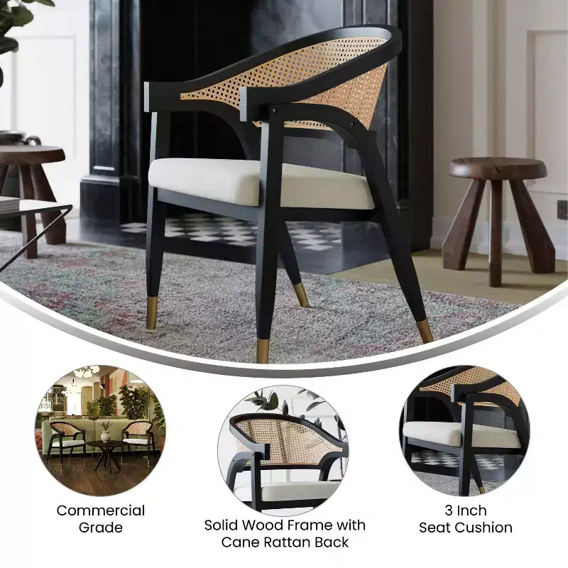 Silla de comedor o decorativa Emma y Oliver Cane de ratán con marco de madera maciza, respaldo tejido y asiento acolchado