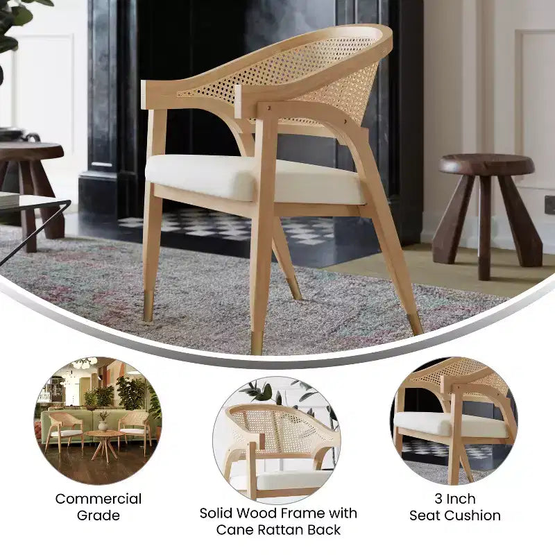 Silla de comedor o decorativa Emma y Oliver Cane de ratán con marco de madera maciza, respaldo tejido y asiento acolchado