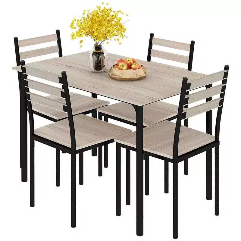 HOMCOM Juego de comedor y cocina de madera moderno de 5 piezas, 1 mesa y 4 sillas con patas de metal, apto para exteriores