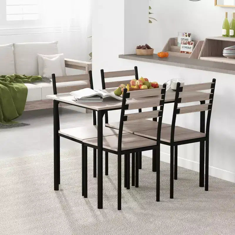 HOMCOM Juego de comedor y cocina de madera moderno de 5 piezas, 1 mesa y 4 sillas con patas de metal, apto para exteriores