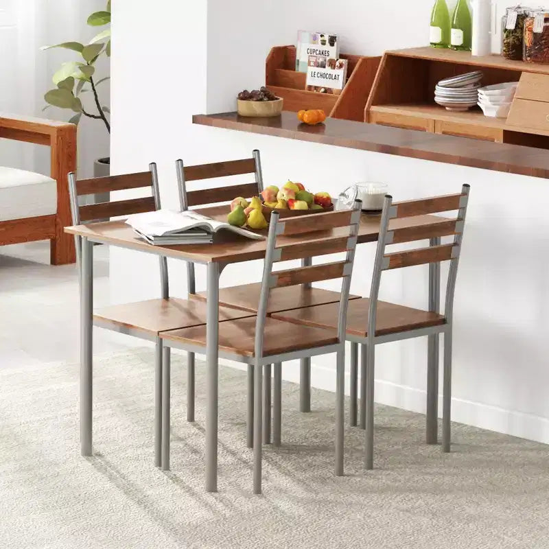 HOMCOM Juego de comedor y cocina de madera moderno de 5 piezas, 1 mesa y 4 sillas con patas de metal, apto para exteriores