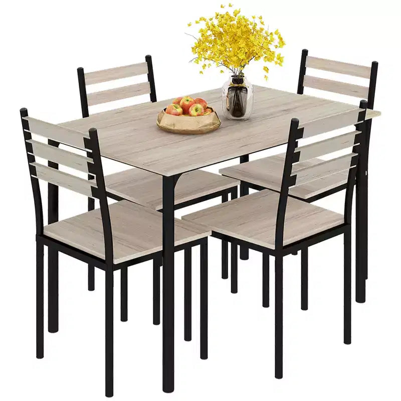 HOMCOM Juego de comedor y cocina de madera moderno de 5 piezas, 1 mesa y 4 sillas con patas de metal, apto para exteriores
