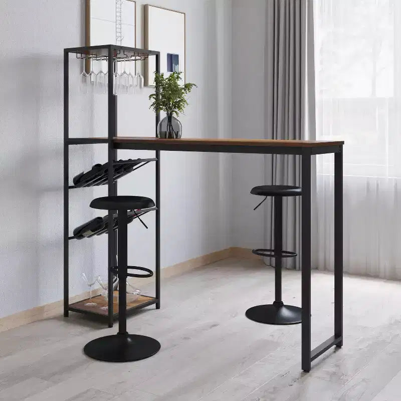 Mesa de bar y vino de metal Merrick Lane con almacenamiento de botellas y soporte para copas colgante