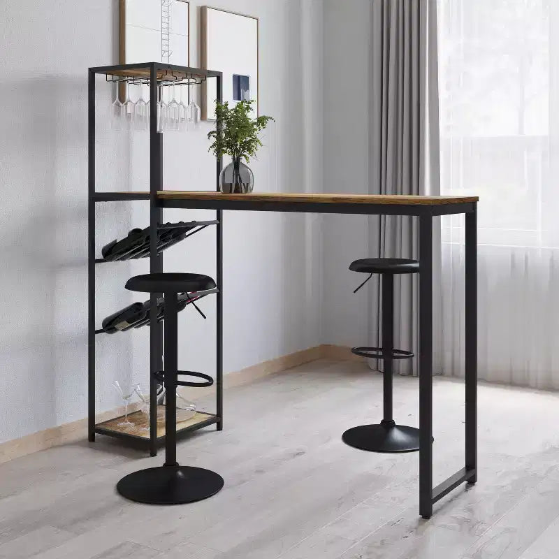 Mesa de bar y vino de metal Merrick Lane con almacenamiento de botellas y soporte para copas colgante