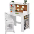 Kids Wooden Study Desk Learn Table Chair Set with Bookshelf, Bulletin Board, and Cabinets,White