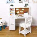 Juego de escritorio de estudio de madera para niños con mesa, silla, estantería, tablón de anuncios y gabinetes, color blanco