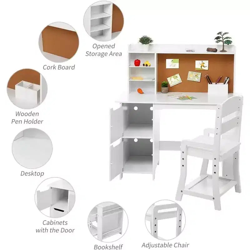 Juego de escritorio de estudio de madera para niños con mesa, silla, estantería, tablón de anuncios y gabinetes, color blanco