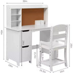 Juego de escritorio de estudio de madera para niños con mesa, silla, estantería, tablón de anuncios y gabinetes, color blanco