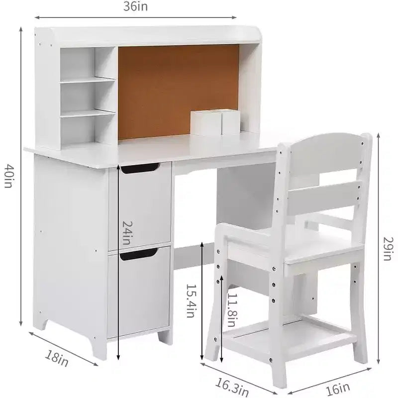 Juego de escritorio de estudio de madera para niños con mesa, silla, estantería, tablón de anuncios y gabinetes, color blanco