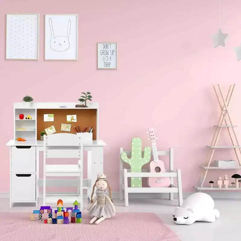 Juego de escritorio de estudio de madera para niños con mesa, silla, estantería, tablón de anuncios y gabinetes, color blanco
