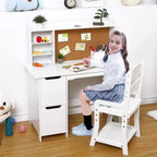 Juego de escritorio de estudio de madera para niños con mesa, silla, estantería, tablón de anuncios y gabinetes, color blanco