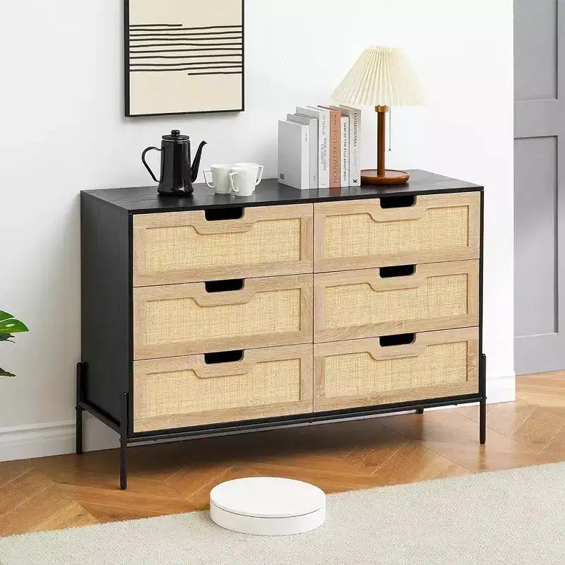 Cómoda de ratán Whizmax, cómoda alta de 6 cajones para dormitorio, unidades organizadoras de almacenamiento para armario, sala de estar, pasillo, entrada