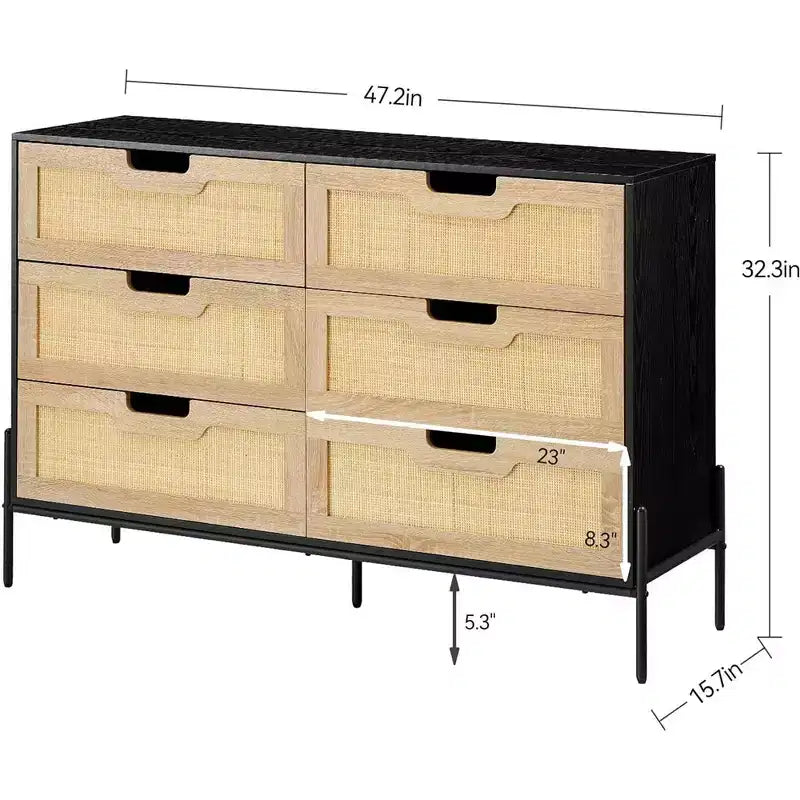 Cómoda de ratán Whizmax, cómoda alta de 6 cajones para dormitorio, unidades organizadoras de almacenamiento para armario, sala de estar, pasillo, entrada