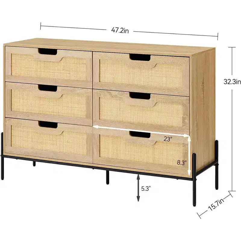 Cómoda de ratán Whizmax, cómoda alta de 6 cajones para dormitorio, unidades organizadoras de almacenamiento para armario, sala de estar, pasillo, entrada